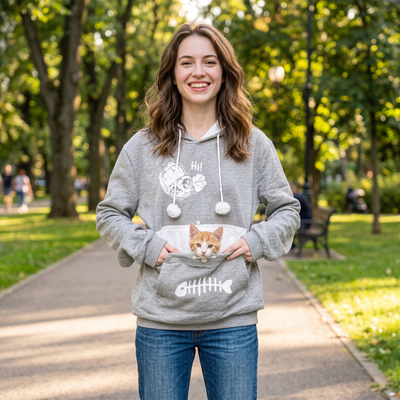 Kangaroo Pouch Hoodie - Short Sleeve Cat Ear Pet Carrier - Small Dog Holder Sweatshirt