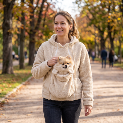 Komavic Teddy Fleece Pet Carrier Hoodie – Kangaroo Pouch for Cats & Small Dogs