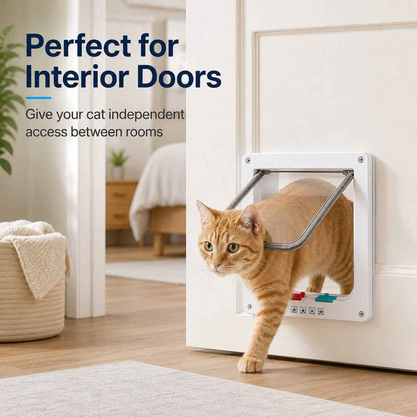 Paws in Awe 4-Way Locking Cat Door for Interior Doors & Litter Box Cabinets - Let Cats Come and Go Without Scratching