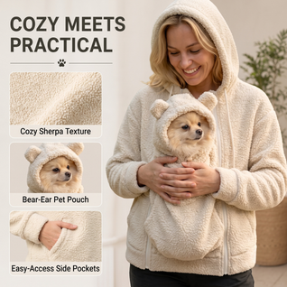 Komavic Teddy Fleece Pet Carrier Hoodie – Kangaroo Pouch for Cats & Small Dogs