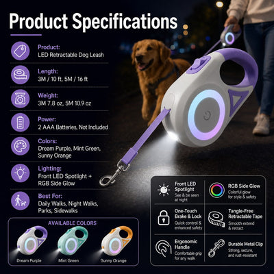 Komavic LED Retractable Dog Leash for Night Walks
