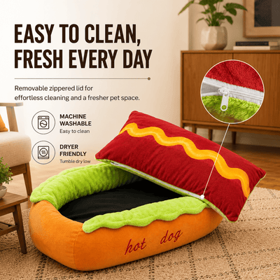 Komavic Plush Hot Dog Pet Bed with Removable Lid