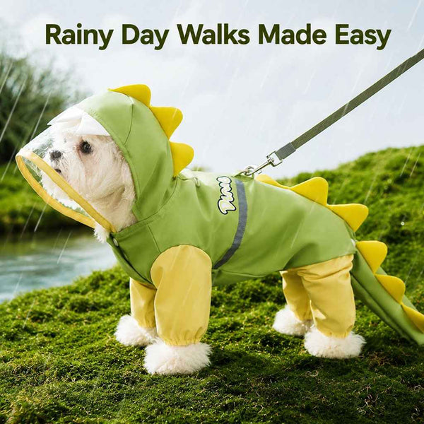 Dinosaur Dog Raincoat with Clear Visor Hood – Full-Body Waterproof Pet Suit for Rain, Mud & Outdoor Walks