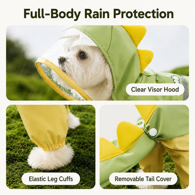 Dinosaur Dog Raincoat with Clear Visor Hood – Full-Body Waterproof Pet Suit for Rain, Mud & Outdoor Walks