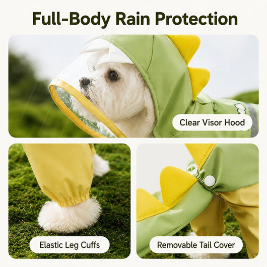 Dinosaur Dog Raincoat with Clear Visor Hood – Full-Body Waterproof Pet Suit for Rain, Mud & Outdoor Walks