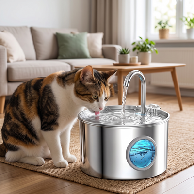 Stainless Steel Cat Water Fountain with Filter & Flowing Faucet | Quiet Automatic Pet Drinking Fountain for Healthy Hydration