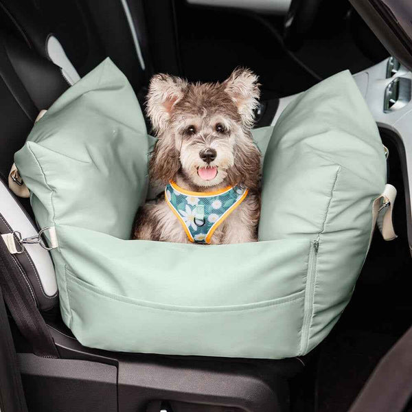 KOMAVIC Dog Car Seat Bed for Small Dogs, Bolster Travel Pet Bed with Seat Belt Straps, Machine Washable, Anti-Slip Base