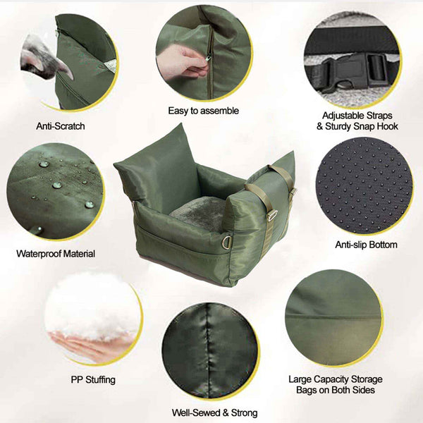 KOMAVIC Dog Car Seat Bed for Small Dogs, Bolster Travel Pet Bed with Seat Belt Straps, Machine Washable, Anti-Slip Base