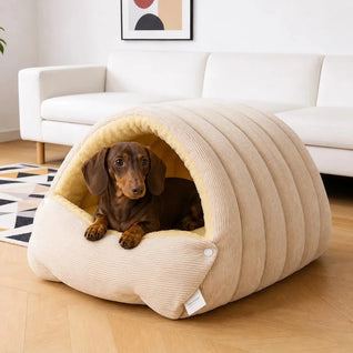 Komavic Corduroy Dachshunds Cave Bed - Plush Tunnel Dog Bed, 2-in-1