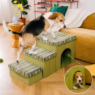 Komavic Textured Stripe Dog Stairs with Storage, Pet Staircase Bed & Couch with Hidden Storage
