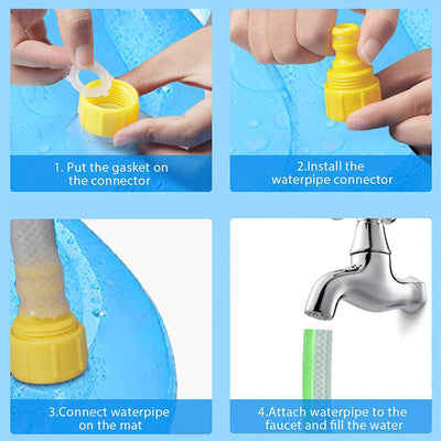 Step-by-step guide on how to install a water pipe system with yellow connectors and a silver faucet.
