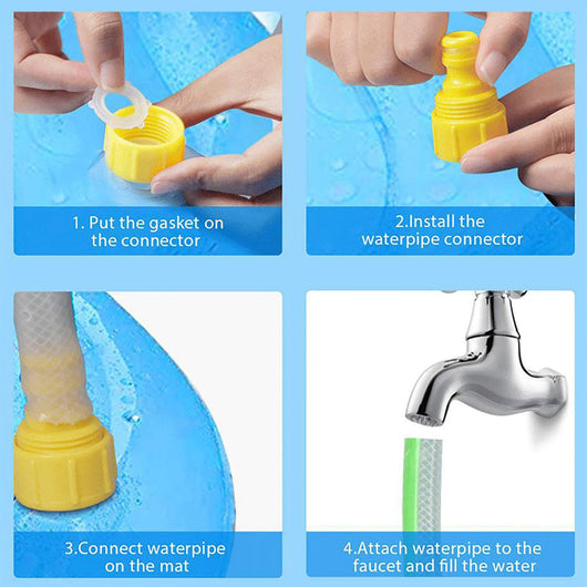 Step-by-step guide on how to install a water pipe system with yellow connectors and a silver faucet.