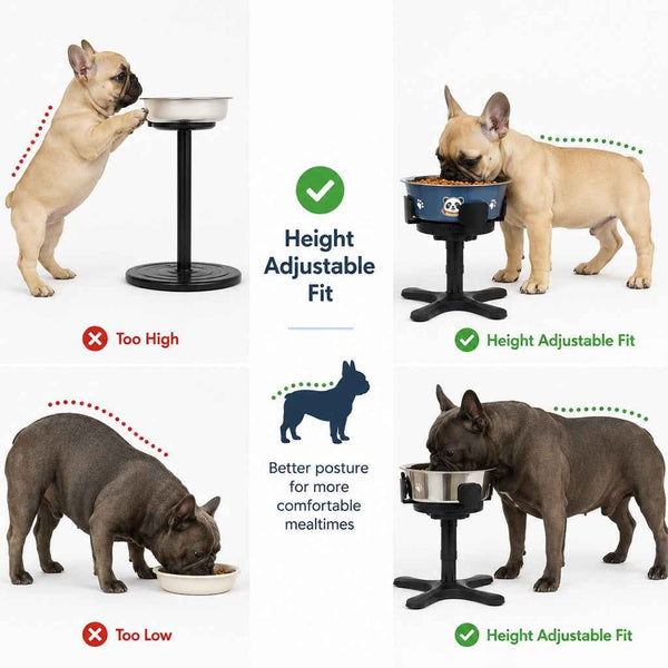 Paws in Awe French Bulldog Adjustable Elevated Tilted Dog Bowl for Kitchen Feeding Corners - 3-Height Stand with Slow Feeder Insert to Reduce Neck Bending & Mess