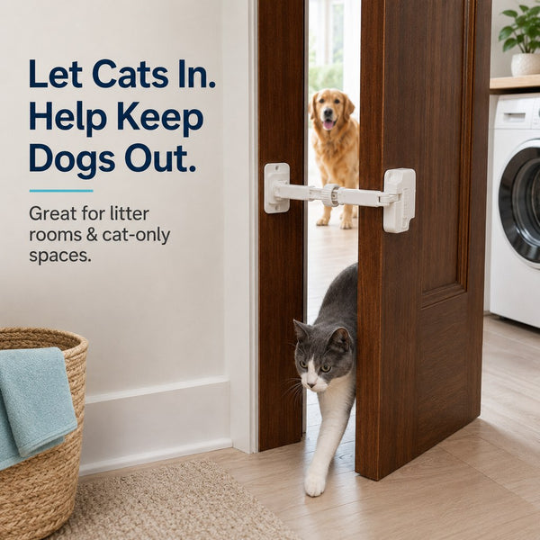 Adjustable Pet Door Latch for Litter Rooms - Let Cats In & Help Keep Dogs Out
