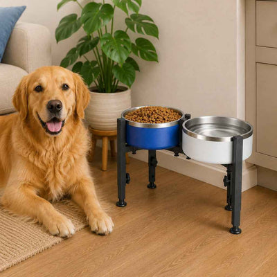 Paws in Awe Adjustable Raised Dog Bowl Stand for Home Feeding - No-Bend Metal Pet Bowl Holder for Cleaner, More Comfortable Meals