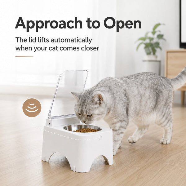 Komavic Smart Auto-Opening Covered Cat Bowl for Cleaner Indoor Feeding - Rechargeable Dustproof Cat Feeder