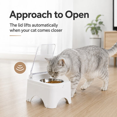 Komavic Smart Auto-Opening Covered Cat Bowl for Cleaner Indoor Feeding - Rechargeable Dustproof Cat Feeder