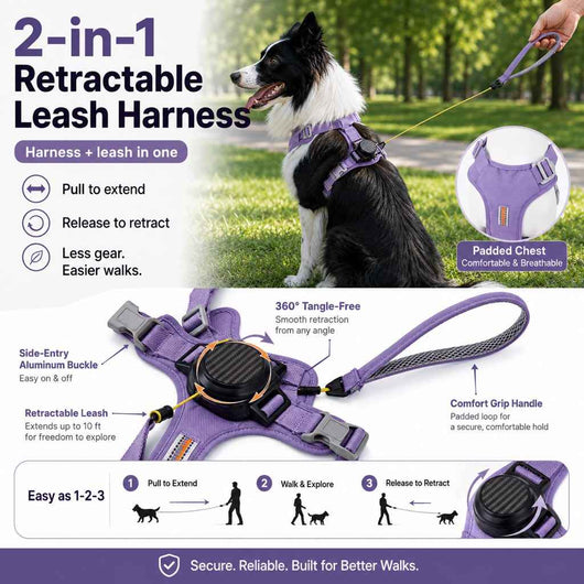 Paws in Awe 2-in-1 Retractable Dog Harness for Daily Walks - Built-In Leash Vest with Auto-Stop Control for Small & Medium Dogs