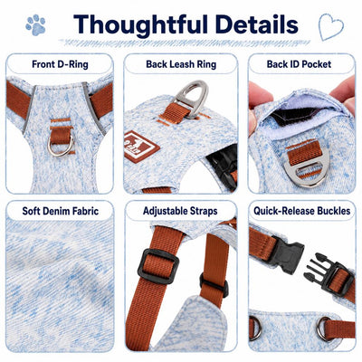 Komavic Vintage Denim Dog Harness & Leash Set