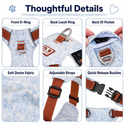 Komavic Vintage Denim Dog Harness & Leash Set