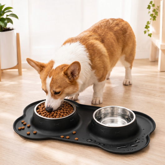 Spill-Proof Dual Pet Bowl with Raised Silicone Mat