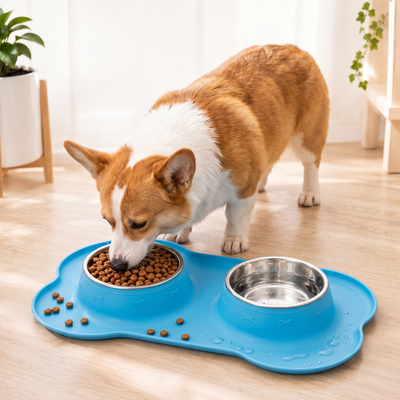 Spill-Proof Dual Pet Bowl with Raised Silicone Mat