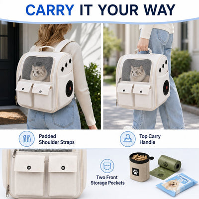 USB-Powered Dual-Fan Cat Carrier Backpack for Vet Visits & Everyday Travel - Fan-Assisted Cooling for Less-Stuffy Trips