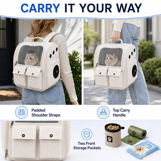 USB-Powered Dual-Fan Cat Carrier Backpack for Vet Visits & Everyday Travel - Fan-Assisted Cooling for Less-Stuffy Trips