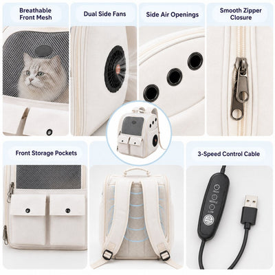 USB-Powered Dual-Fan Cat Carrier Backpack for Vet Visits & Everyday Travel - Fan-Assisted Cooling for Less-Stuffy Trips