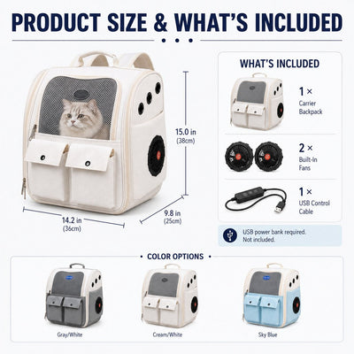USB-Powered Dual-Fan Cat Carrier Backpack for Vet Visits & Everyday Travel - Fan-Assisted Cooling for Less-Stuffy Trips