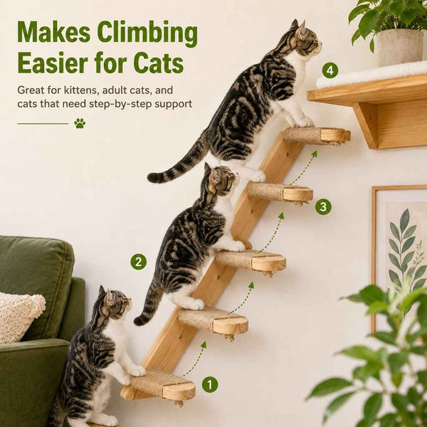 Paws in Awe Wall-Mounted Solid Wood Cat Steps for Shelves & Perches - Space-Saving Jute Climbing Ladder