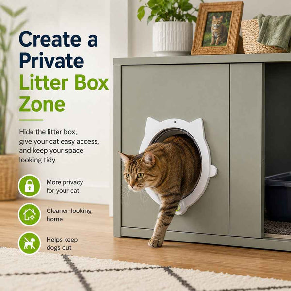 Paws in Awe 4-Way Locking Interior Cat Door for Litter Box Cabinets & Rooms - Private Access Without Door Scratching