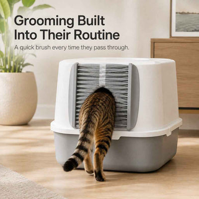 Komavic Cat Litter Box Self-Grooming Brush Door – Automatic Loose Fur Catcher for Enclosed Litter Boxes & Cleaner Homes, 2-Piece Set