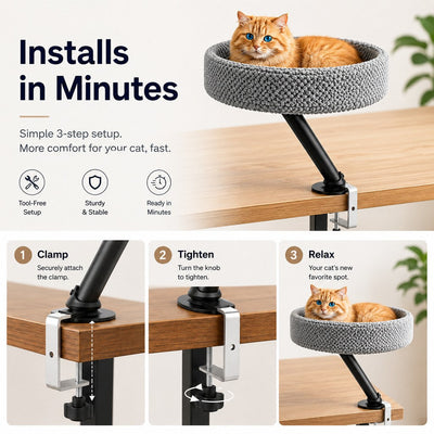 Komavic Desk-Mounted Cat Bed Perch with Clamp-On Design