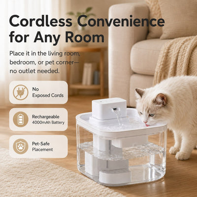Komavic Cordless Motion Sensor Cat Water Fountain for Any Room - 3.1L Fresh Water Without Cords