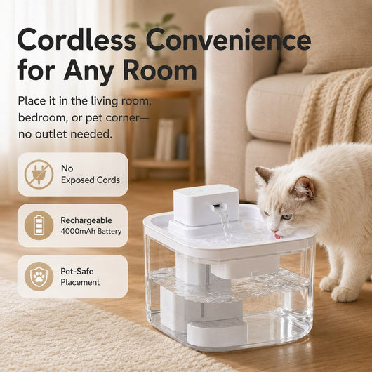 Komavic Cordless Motion Sensor Cat Water Fountain for Any Room - 3.1L Fresh Water Without Cords