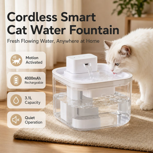 Komavic Cordless Motion Sensor Cat Water Fountain for Any Room - 3.1L Fresh Water Without Cords