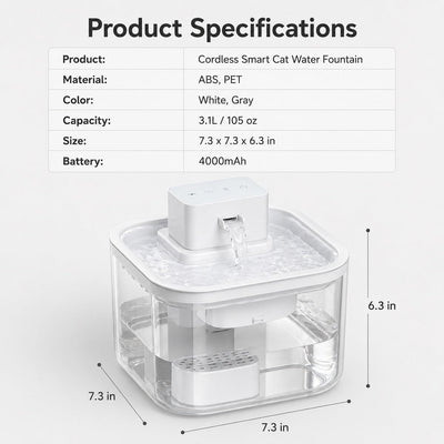 Komavic Cordless Motion Sensor Cat Water Fountain for Any Room - 3.1L Fresh Water Without Cords