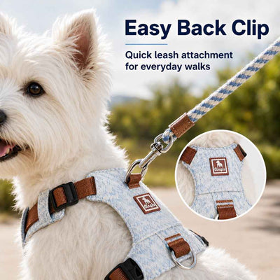Paws in Awe Vintage Denim No-Pull Dog Harness &5 ft Rope Leash Set - Soft Adjustable Vest for Everyday Walks, Better Control & Low-Light Visibility