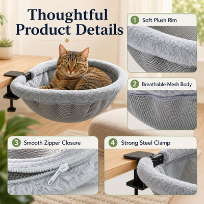 Komavic Desk-Mounted Cat Bed for Home Offices - Space-Saving Clamp-On Cat Hammock