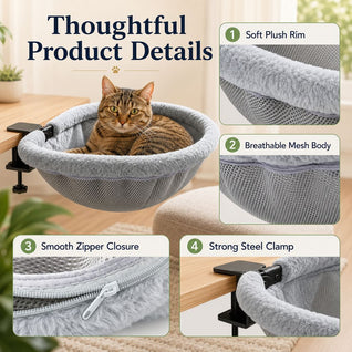 Komavic Desk-Mounted Cat Bed for Home Offices - Space-Saving Clamp-On Cat Hammock