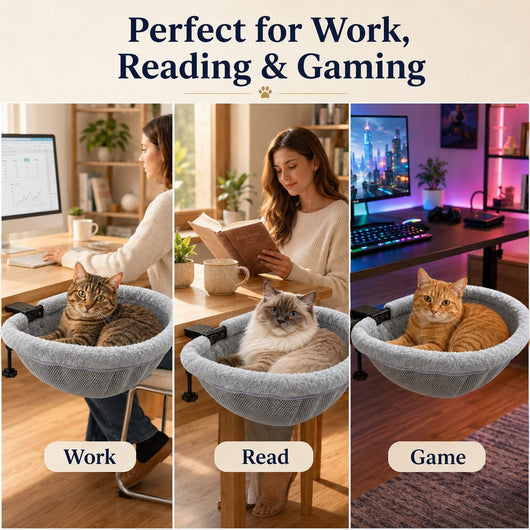 Komavic Desk-Mounted Cat Bed for Home Offices - Space-Saving Clamp-On Cat Hammock