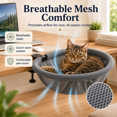 Komavic Desk-Mounted Cat Bed for Home Offices - Space-Saving Clamp-On Cat Hammock