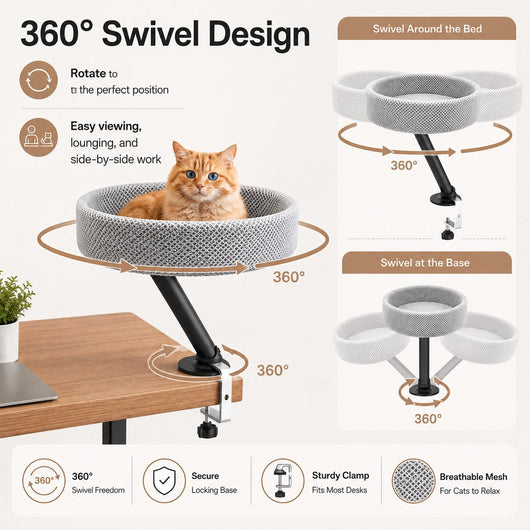 Komavic Desk-Mounted Cat Bed Perch with Clamp-On Design