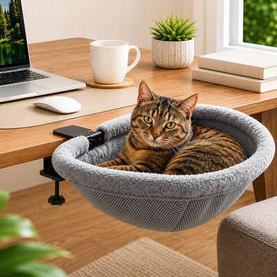 Komavic Desk-Mounted Cat Bed for Home Offices - Space-Saving Clamp-On Cat Hammock