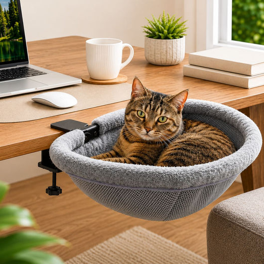 Komavic Desk-Mounted Cat Bed for Home Offices - Space-Saving Clamp-On Cat Hammock