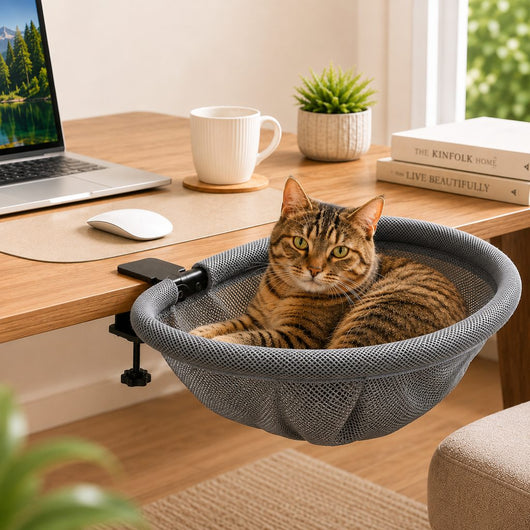 Komavic Desk-Mounted Cat Bed for Home Offices - Space-Saving Clamp-On Cat Hammock