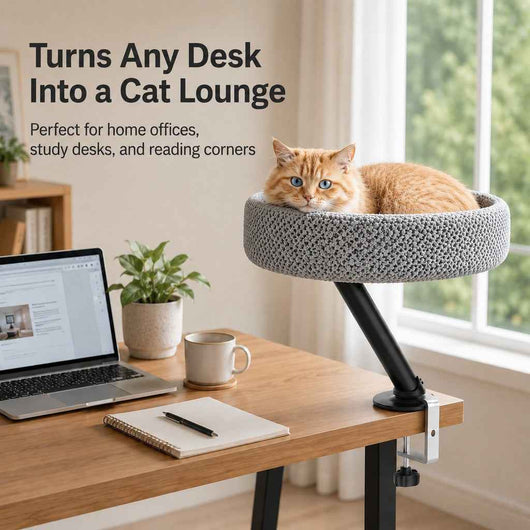 Paws in Awe Desk Mounted Cat Bed Perch for Home Office - Space Saving Elevated Cat Lounger with Soft Breathable Fabric for Cats to Relax Beside Your Workspace