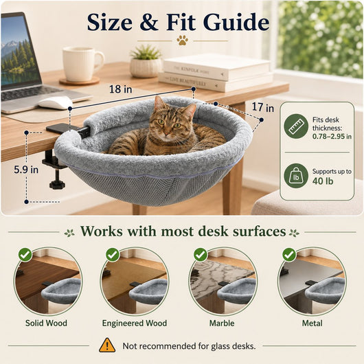 Komavic Desk-Mounted Cat Bed for Home Offices - Space-Saving Clamp-On Cat Hammock
