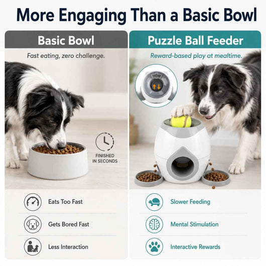 Paws in Awe Ball-Activated Dog Puzzle Feeder for Indoor Play & Slow Eating - Interactive Treat Dispenser Toy with Tennis Balls, Side Trays & Scoop